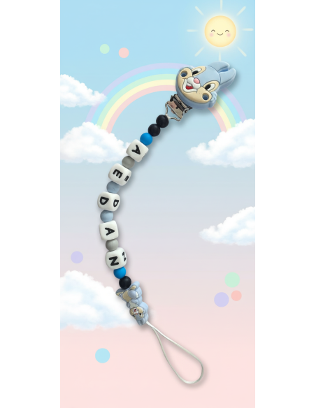 Attache tétine Garçon Personnalisable - Lapin bleu pastel pour bébé garçon