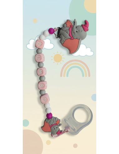 Attache tétine personnalisable Dumbo Gris et Rose