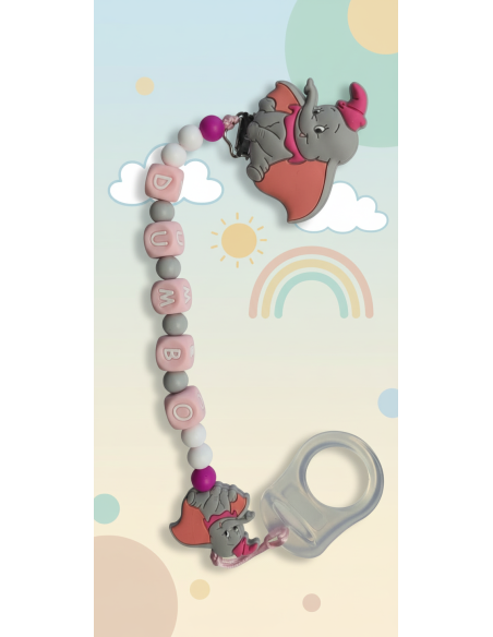 Attache tétine personnalisable Dumbo Gris et Rose