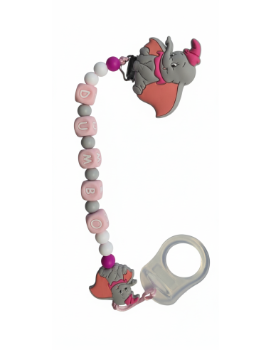 Attache tétine personnalisable Dumbo Gris et Rose