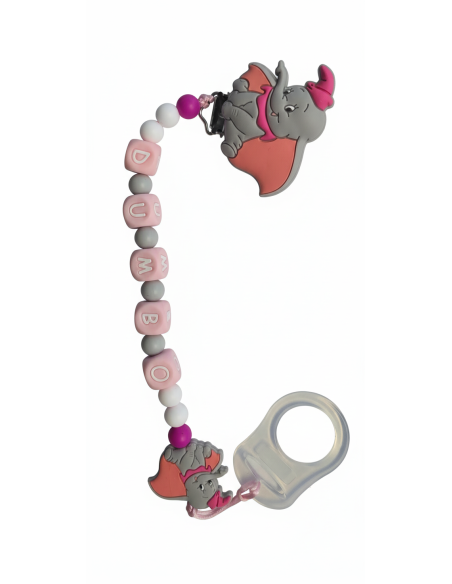 Attache tétine personnalisable Dumbo Gris et Rose